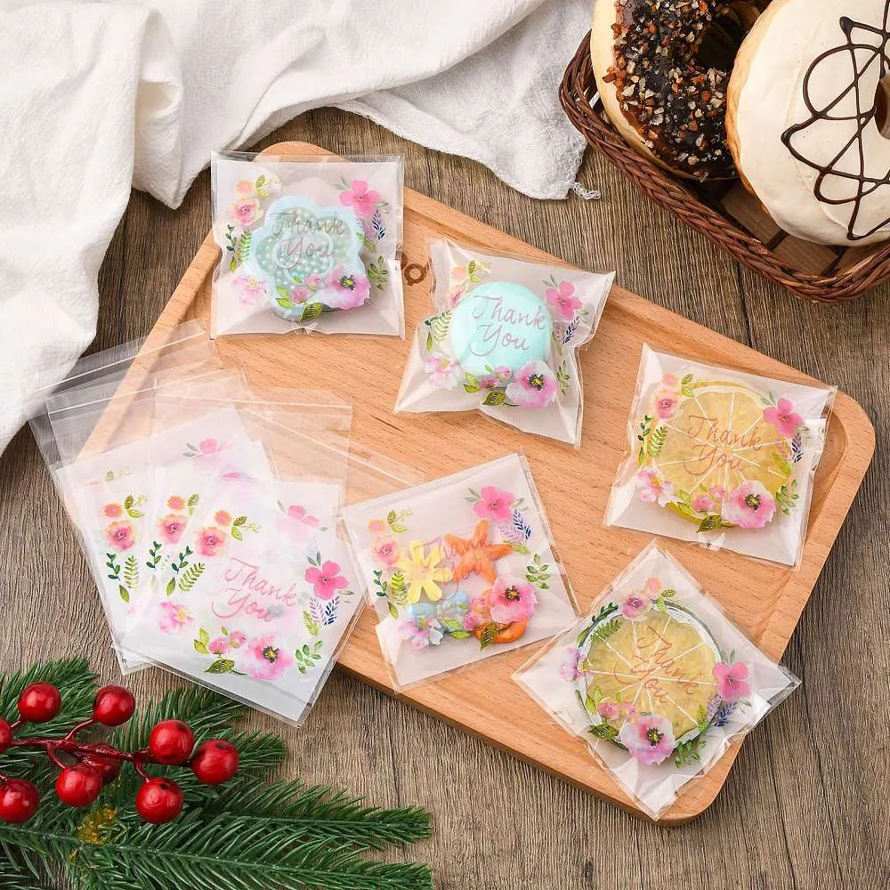 1 Bag Rectangle OPP Self-Adhesive Bags, with Word Thank You and Flower Pattern, for Baking Packing Bags, Colorful, 10x7x0.02cm, about 100pcs/bag