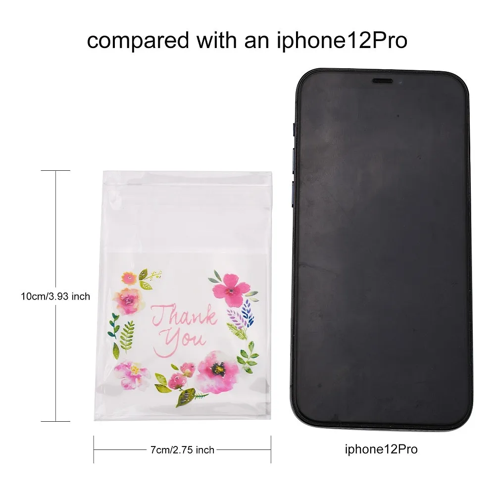 1 Bag Rectangle OPP Self-Adhesive Bags, with Word Thank You and Flower Pattern, for Baking Packing Bags, Colorful, 10x7x0.02cm, about 100pcs/bag