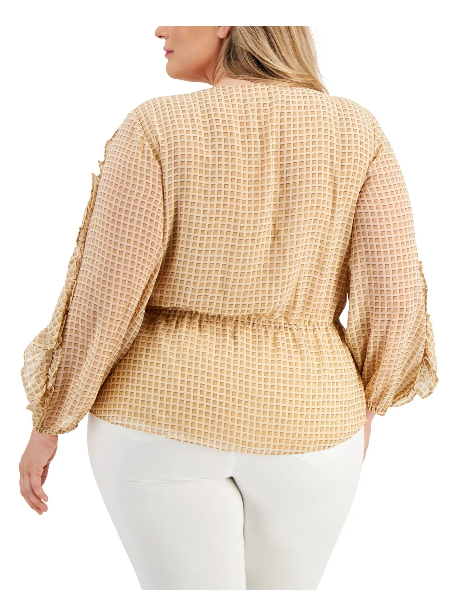 CALVIN KLEIN Womens Beige Ruffled Sheer Peplum Waist Geometric Long Sleeve Surplice Neckline Wrap Top
