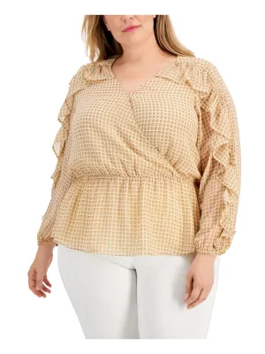 CALVIN KLEIN Womens Beige Ruffled Sheer Peplum Waist Geometric Long Sleeve Surplice Neckline Wrap Top
