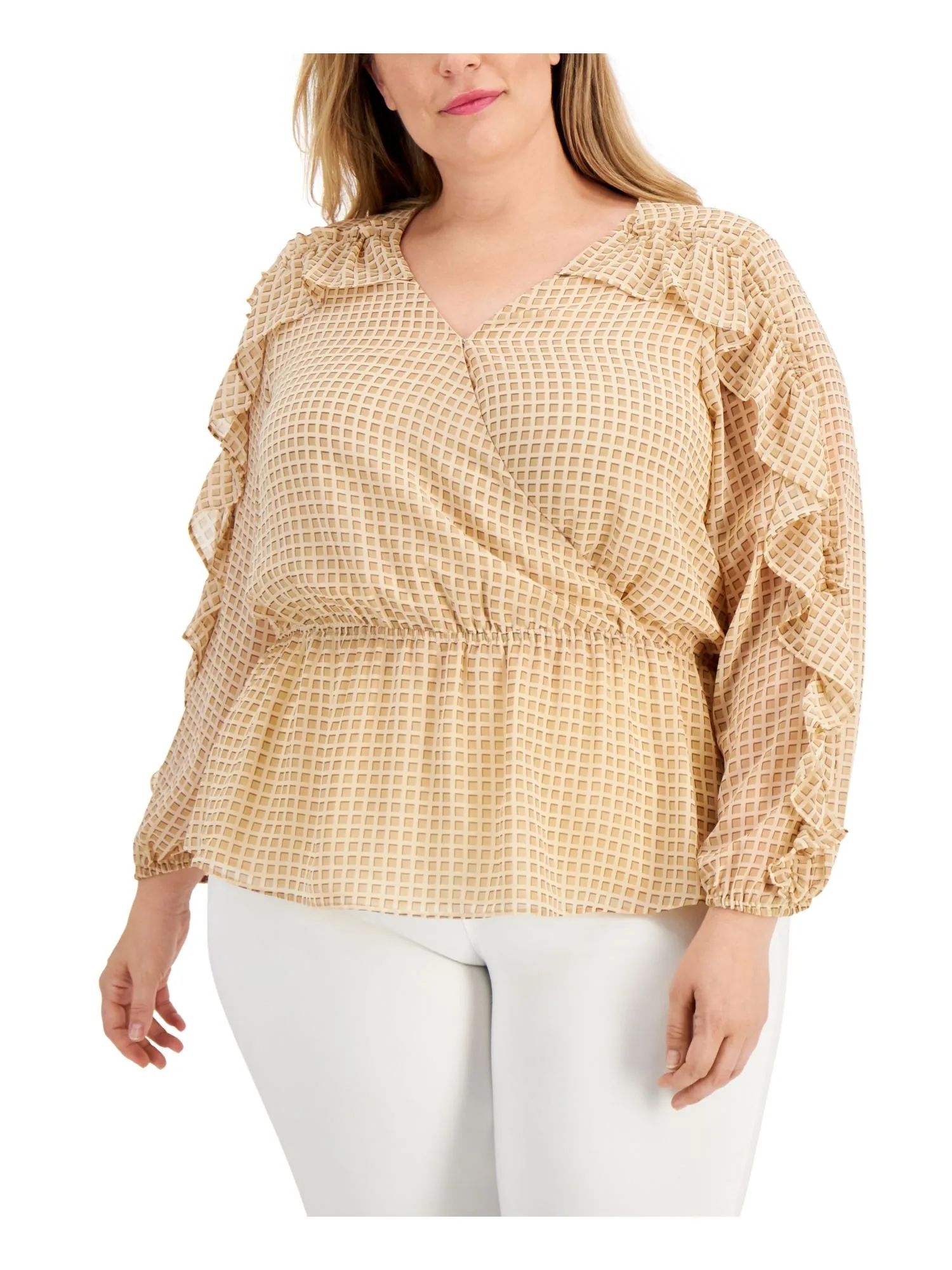 CALVIN KLEIN Womens Beige Ruffled Sheer Peplum Waist Geometric Long Sleeve Surplice Neckline Wrap Top