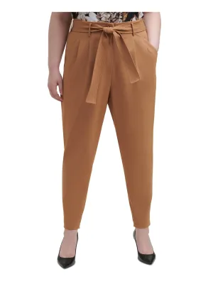 CALVIN KLEIN Womens Beige Stretch Pleated Belted Mid Rise Ankle-length Wear To Work Pants