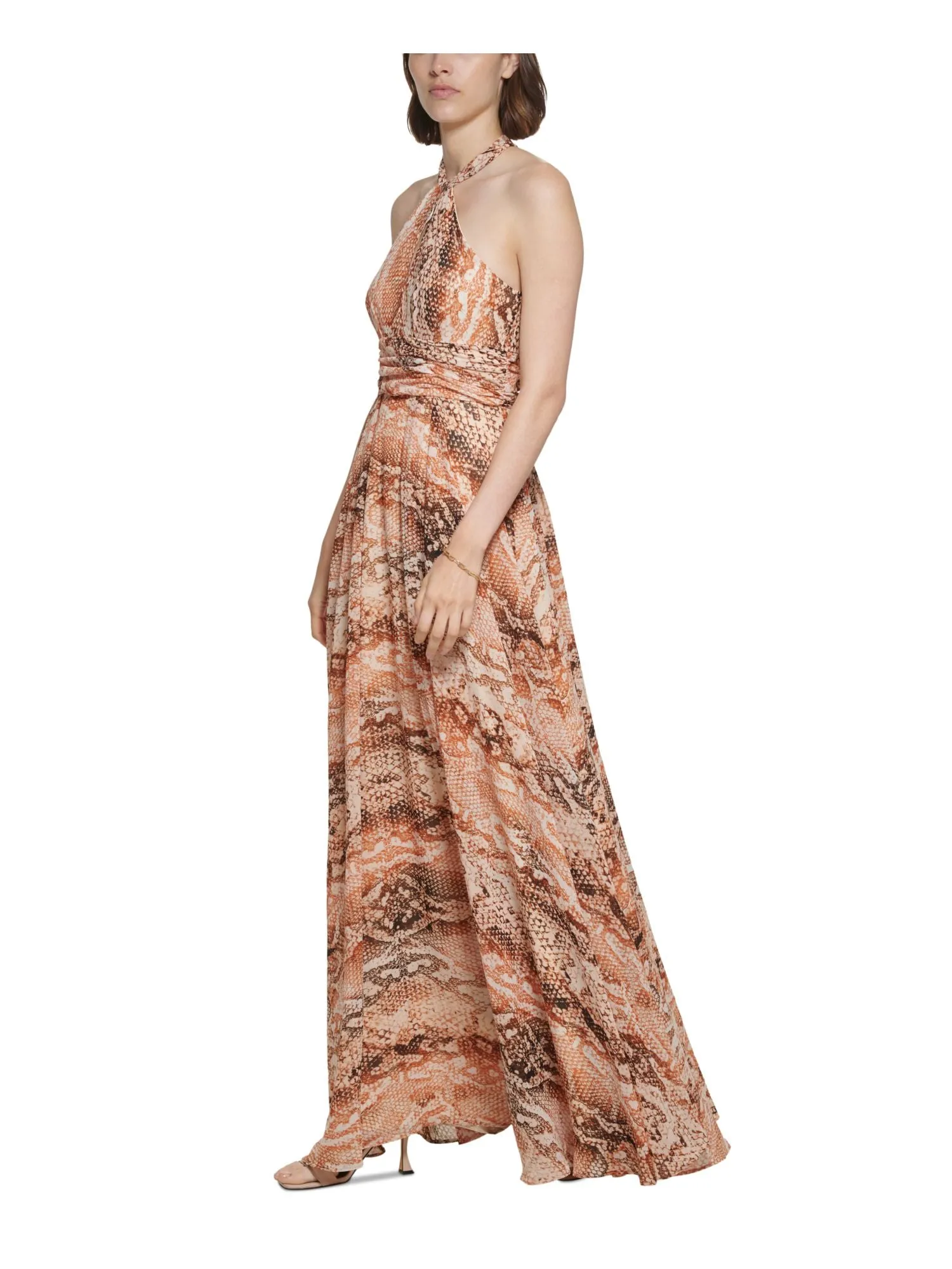 CALVIN KLEIN Womens Beige Zippered Ruched Keyhole Lined Animal Print Sleeveless Halter Full-Length Cocktail Gown Dress