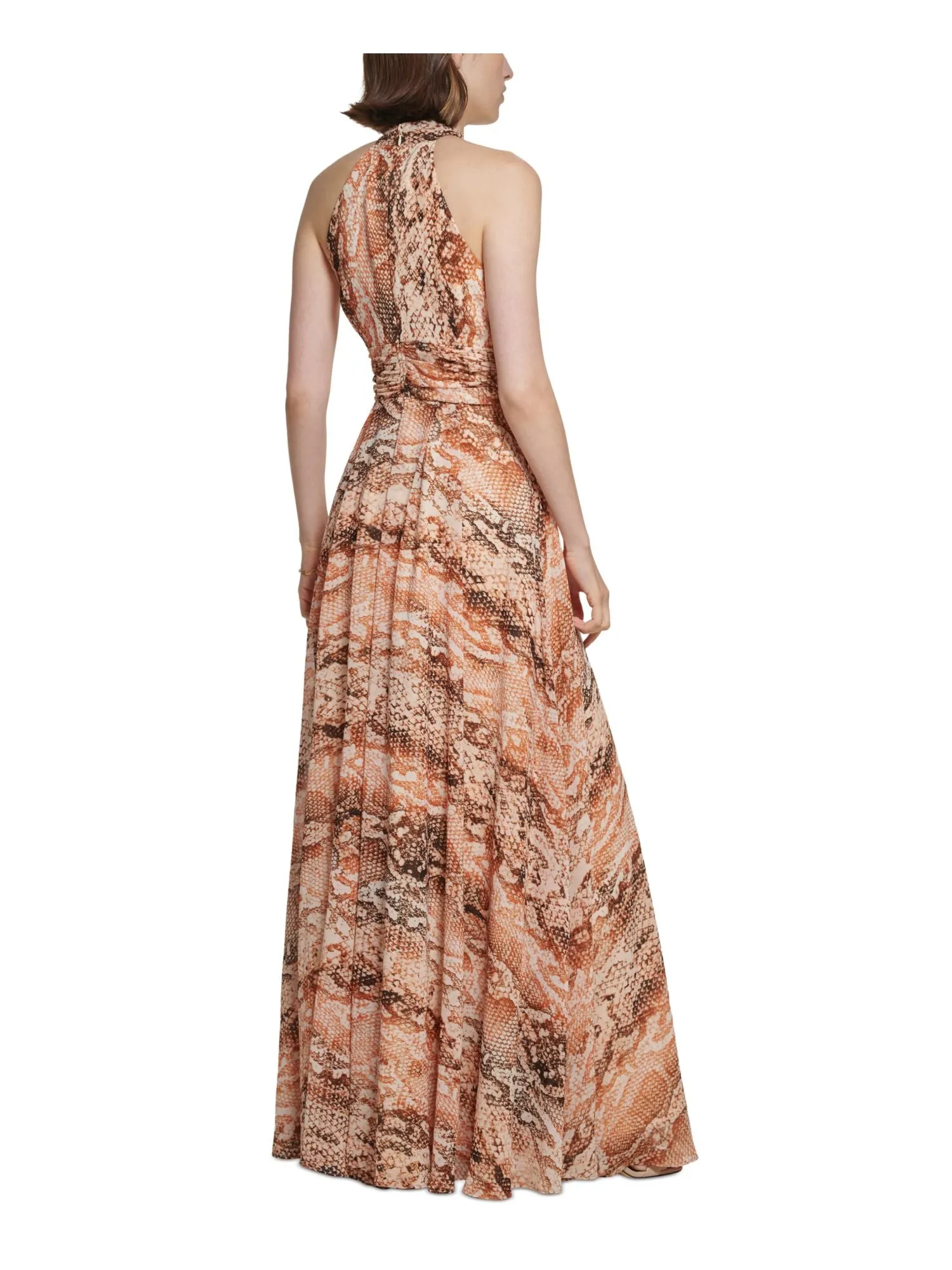 CALVIN KLEIN Womens Beige Zippered Ruched Keyhole Lined Animal Print Sleeveless Halter Full-Length Cocktail Gown Dress