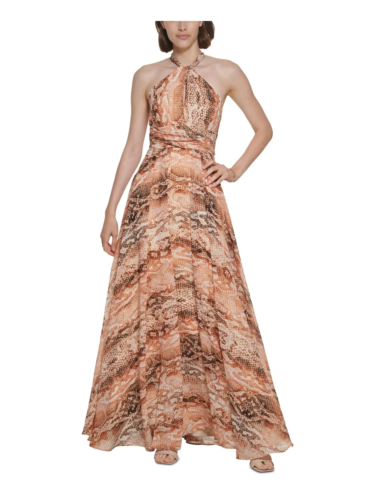 CALVIN KLEIN Womens Beige Zippered Ruched Keyhole Lined Animal Print Sleeveless Halter Full-Length Cocktail Gown Dress