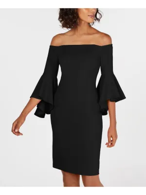 CALVIN KLEIN Womens Black Off Shoulder Knee Length Evening Sheath Dress