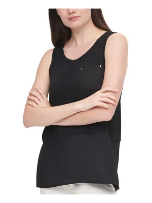 CALVIN KLEIN Womens Black Stretch Pocketed Layered Look Lined Sleeveless Scoop Neck Tank Top