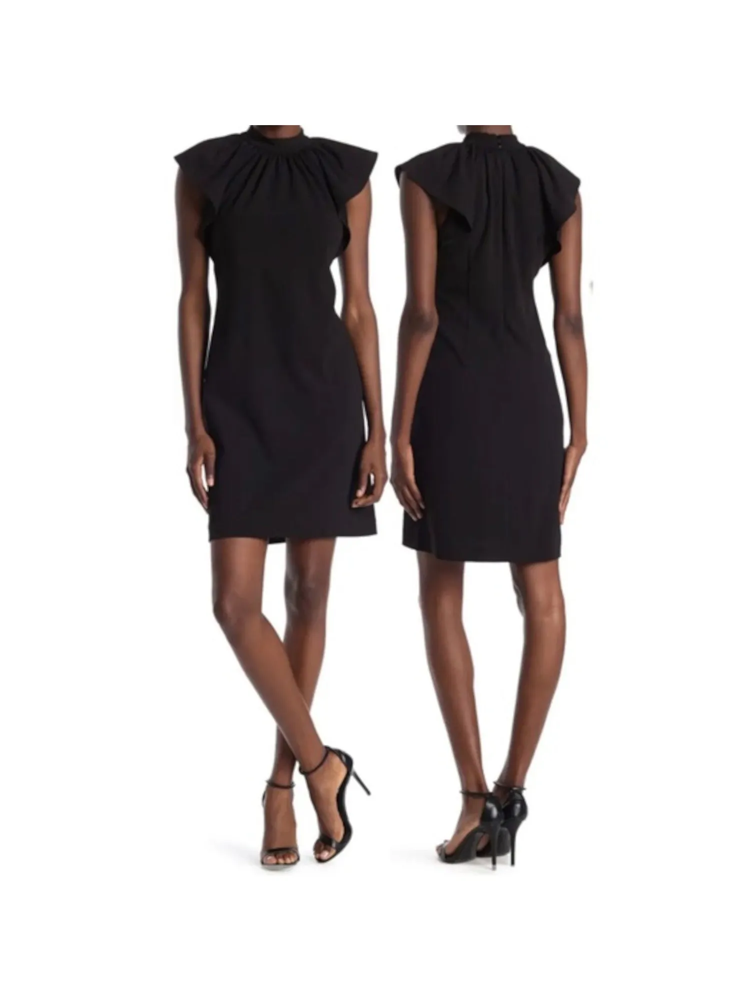 CALVIN KLEIN Womens Black Zippered Unlined Gathered Flutter Sleeve Mock Neck Knee Length Wear To Work Shift Dress