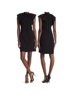 CALVIN KLEIN Womens Black Zippered Unlined Gathered Flutter Sleeve Mock Neck Knee Length Wear To Work Shift Dress