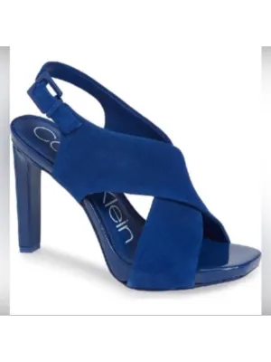 CALVIN KLEIN Womens Blue Padded Strappy Myra Square Toe Block Heel Buckle Leather Slingback