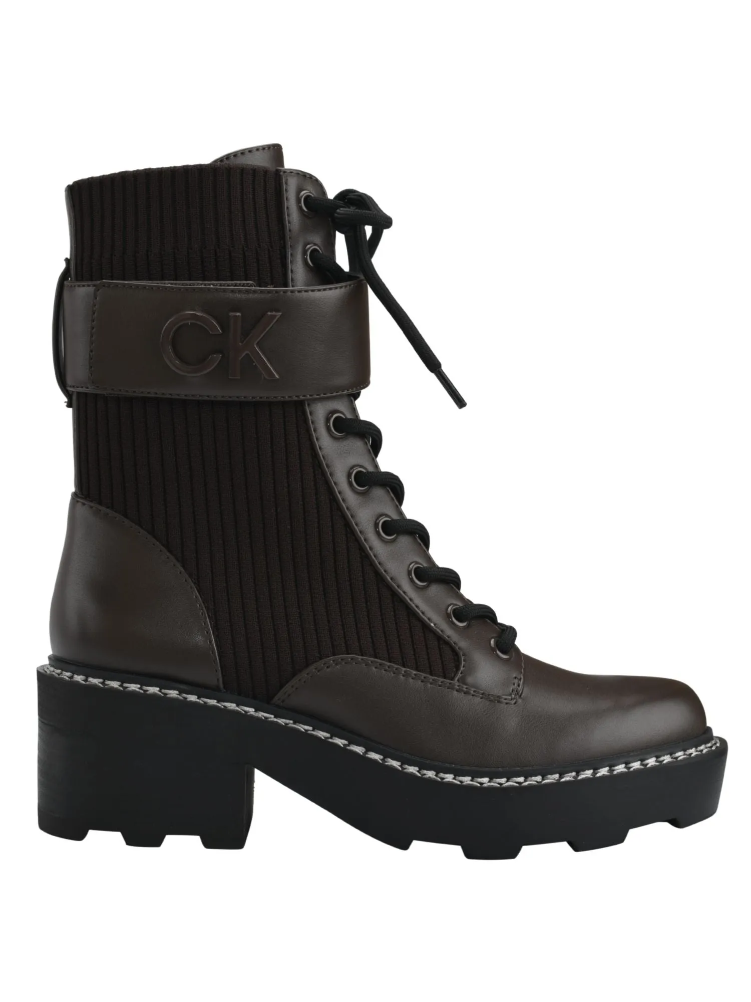CALVIN KLEIN Womens Brown Mixed Media Hook And Loop Strap Logo Hardware 1" Platform Treaded Stretch Padded Arabel2 Almond Toe Lace-Up Combat Boots M