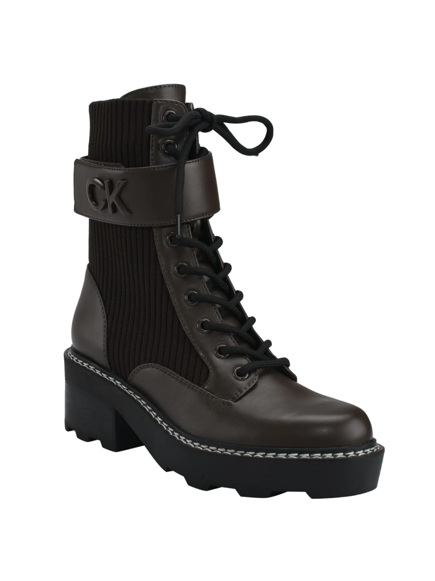CALVIN KLEIN Womens Brown Mixed Media Hook And Loop Strap Logo Hardware 1" Platform Treaded Stretch Padded Arabel2 Almond Toe Lace-Up Combat Boots M