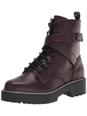 CALVIN KLEIN Womens Burgundy Logo Lug Sole Lace Sarita Round Toe Block Heel Zip-Up Moto M