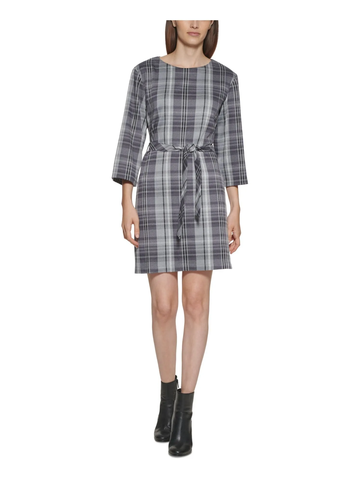 CALVIN KLEIN Womens Gray Stretch Zippered Unlined Pullover Plaid 3/4 Sleeve Crew Neck Short Wear To Work Shift Dress