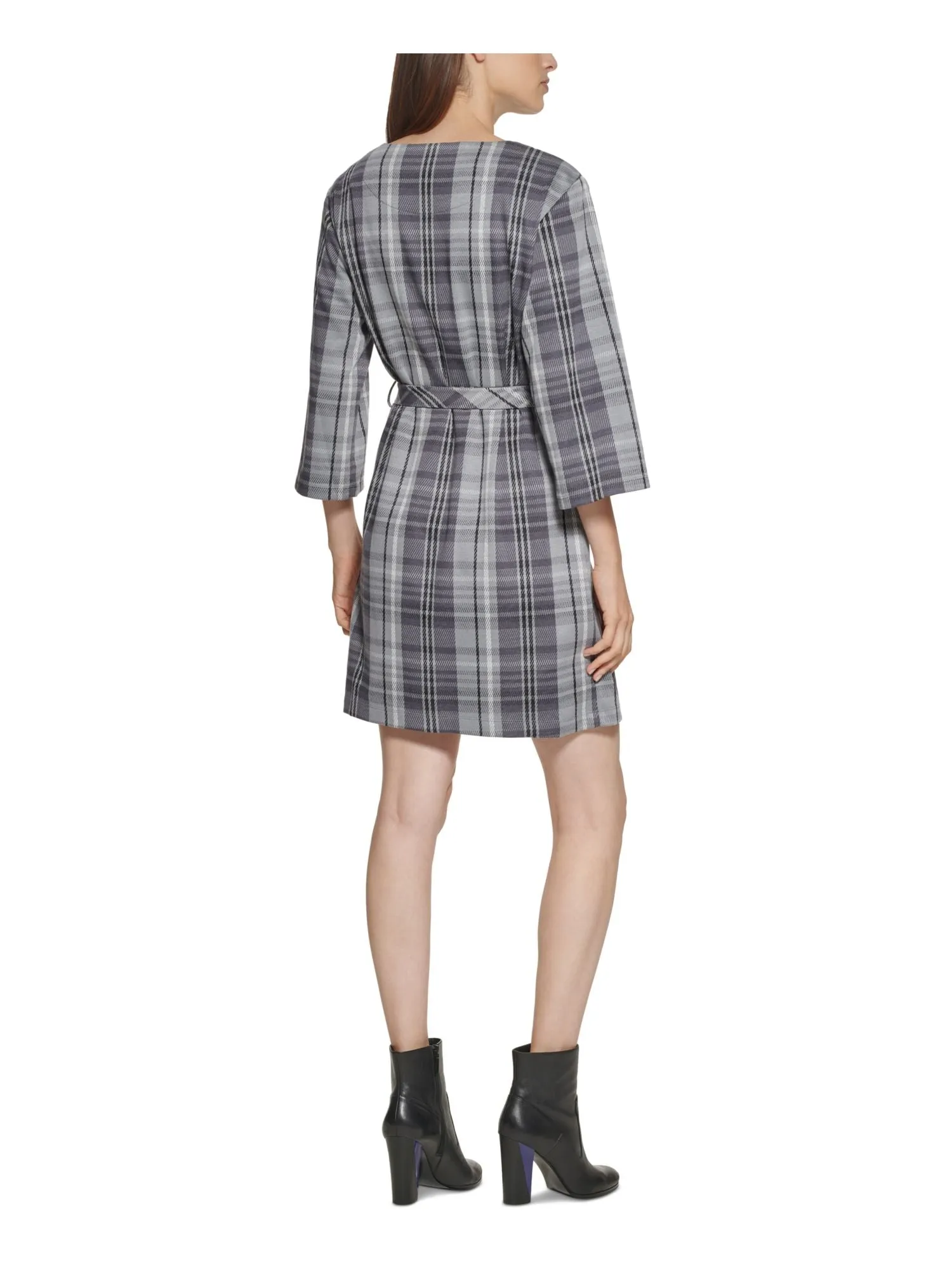 CALVIN KLEIN Womens Gray Stretch Zippered Unlined Pullover Plaid 3/4 Sleeve Crew Neck Short Wear To Work Shift Dress