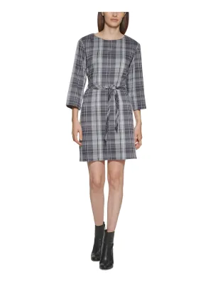CALVIN KLEIN Womens Gray Stretch Zippered Unlined Pullover Plaid 3/4 Sleeve Crew Neck Short Wear To Work Shift Dress