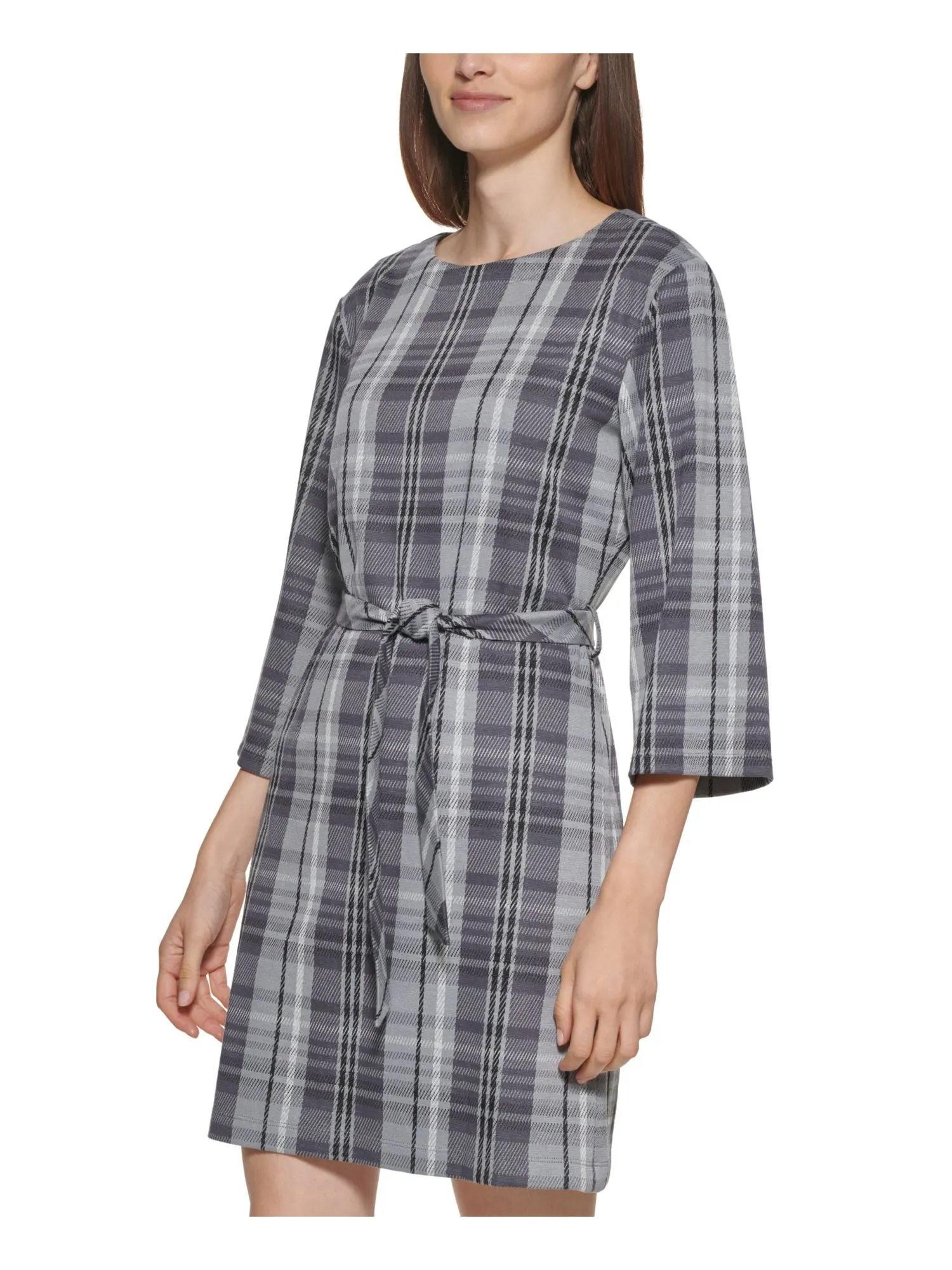 CALVIN KLEIN Womens Gray Stretch Zippered Unlined Pullover Plaid 3/4 Sleeve Crew Neck Short Wear To Work Shift Dress