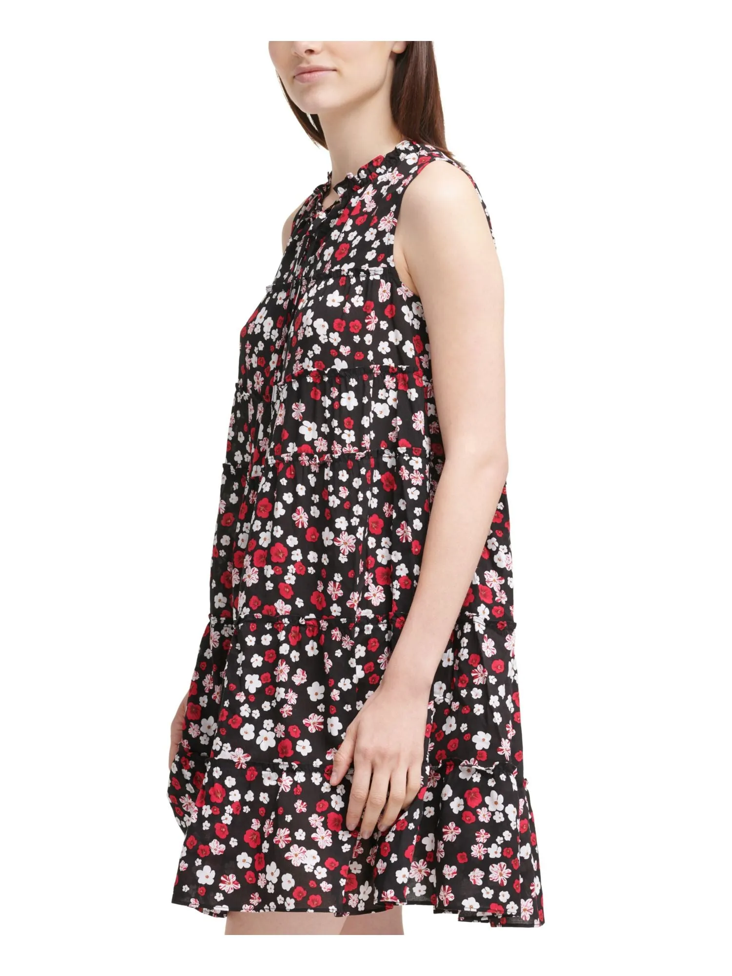 CALVIN KLEIN Womens Ruffled Floral Sleeveless Tie Neck Above The Knee Shift Dress