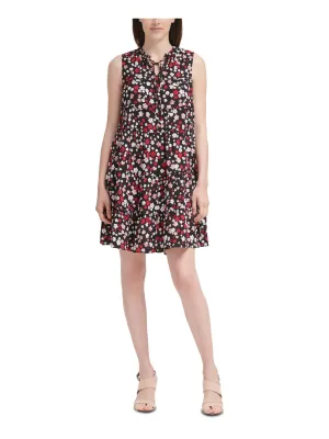 CALVIN KLEIN Womens Ruffled Floral Sleeveless Tie Neck Above The Knee Shift Dress