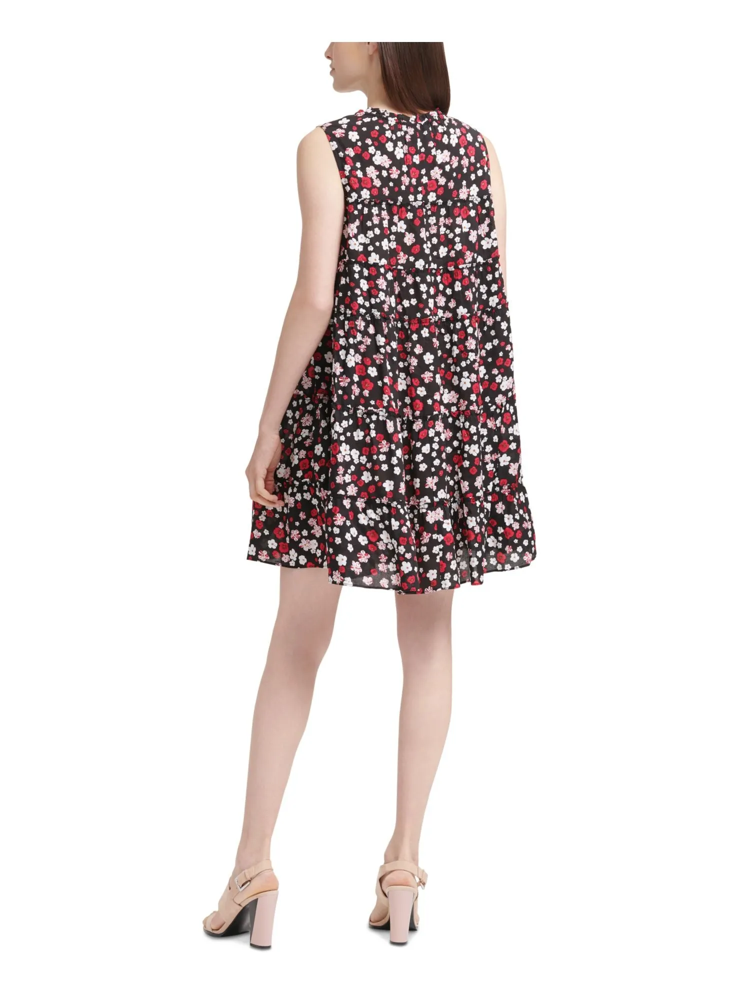 CALVIN KLEIN Womens Ruffled Floral Sleeveless Tie Neck Above The Knee Shift Dress
