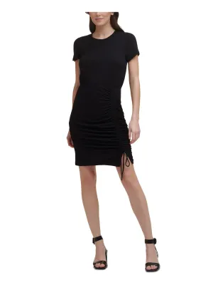 CALVIN KLEIN Womens Stretch Ruched Short Sleeve Round Neck Short Evening Sheath Dress