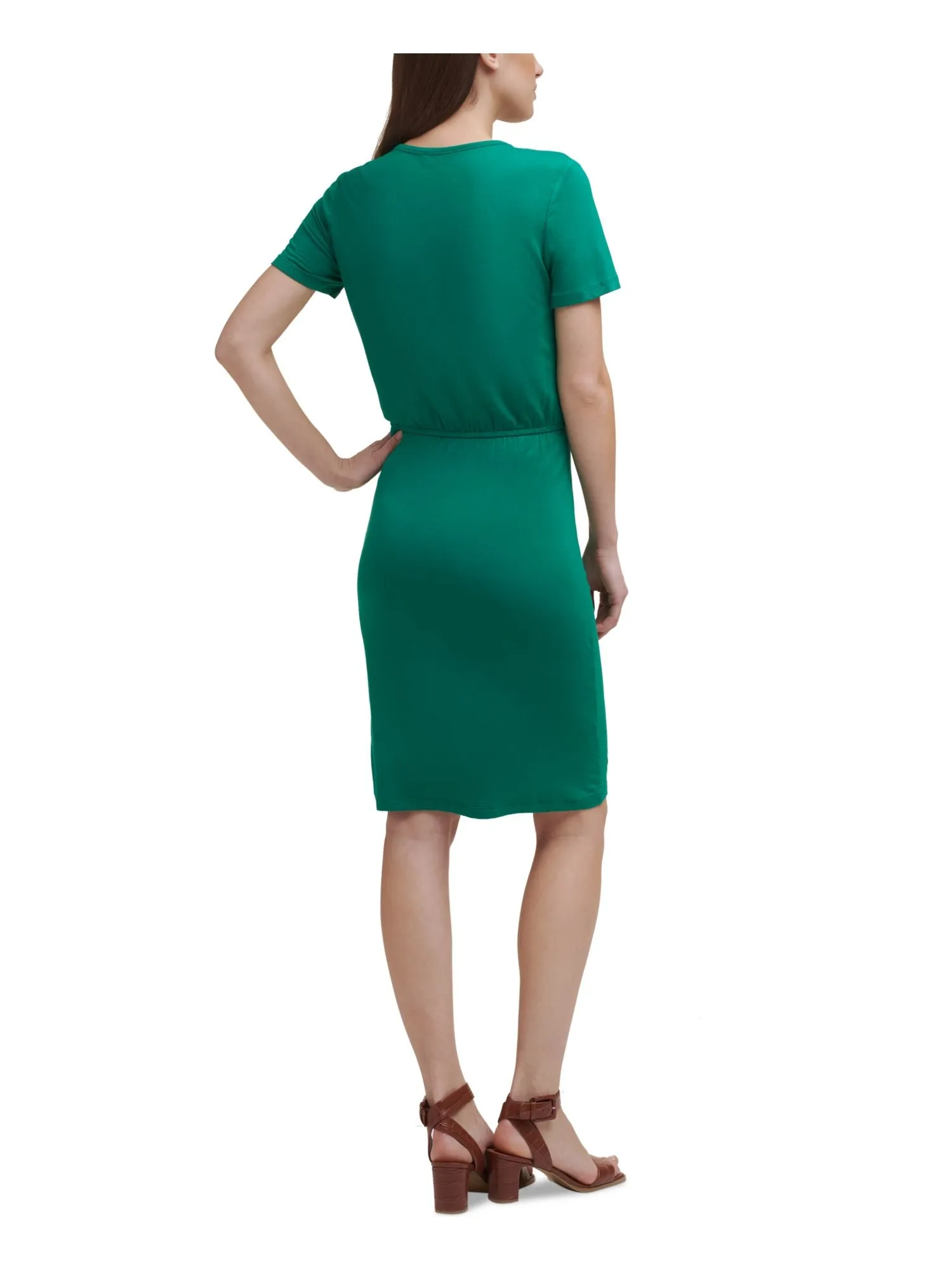 CALVIN KLEIN Womens Stretch Ruched Short Sleeve Round Neck Short Evening Sheath Dress