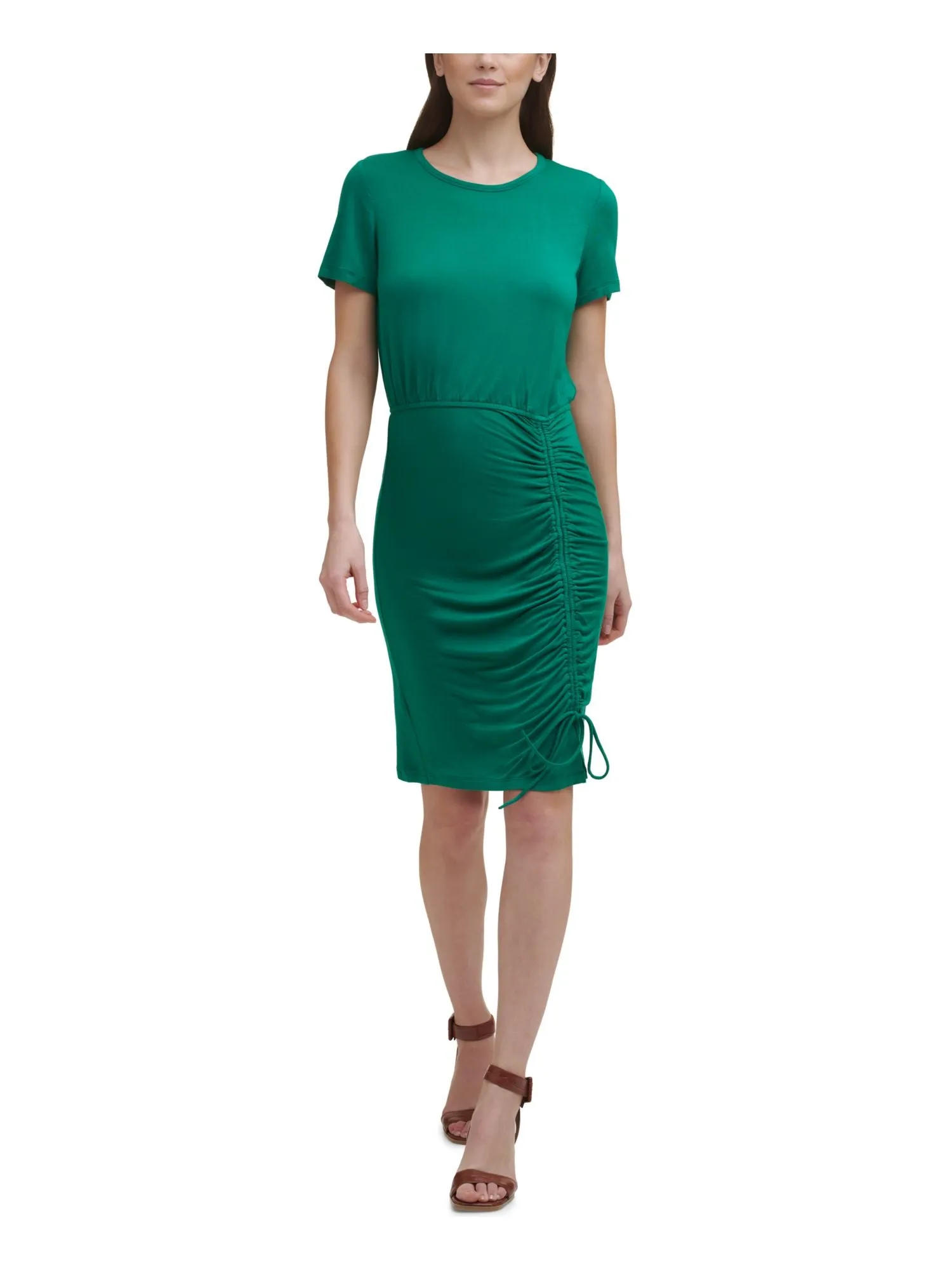 CALVIN KLEIN Womens Stretch Ruched Short Sleeve Round Neck Short Evening Sheath Dress