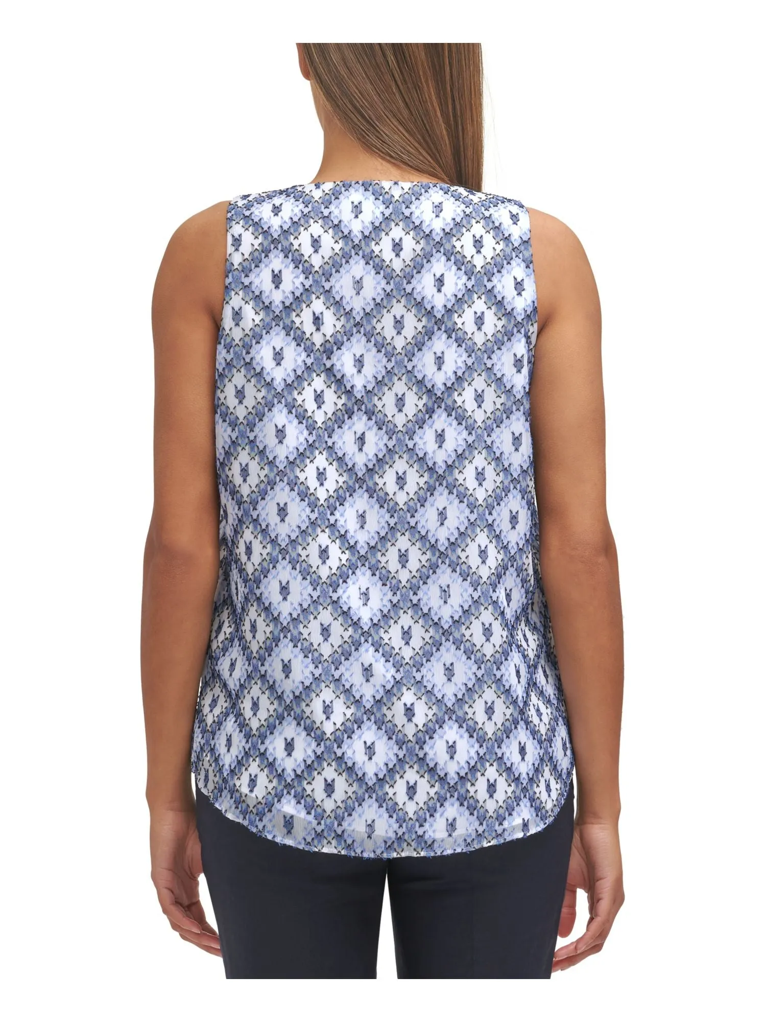 CALVIN KLEIN Womens Stretch Textured Printed Sleeveless V Neck Wear To Work Top
