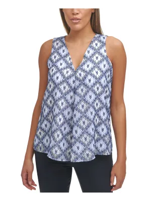 CALVIN KLEIN Womens Stretch Textured Printed Sleeveless V Neck Wear To Work Top
