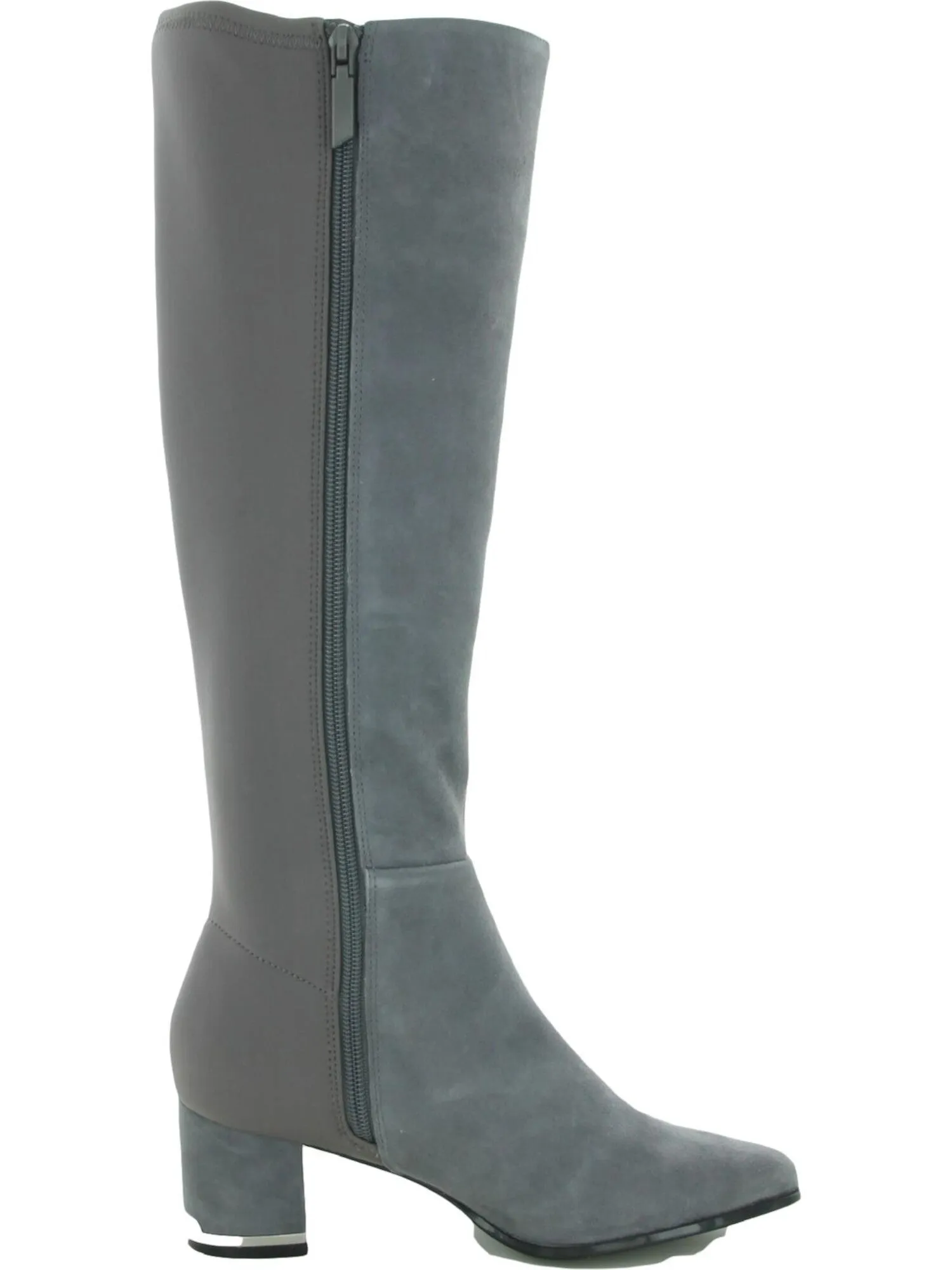 CALVIN KLEIN Womens Thunder Grey Gray Heel Plate Stretch Back Padded Logo Freeda Block Heel Zip-Up Leather Heeled Boots