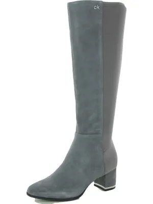 CALVIN KLEIN Womens Thunder Grey Gray Heel Plate Stretch Back Padded Logo Freeda Block Heel Zip-Up Leather Heeled Boots