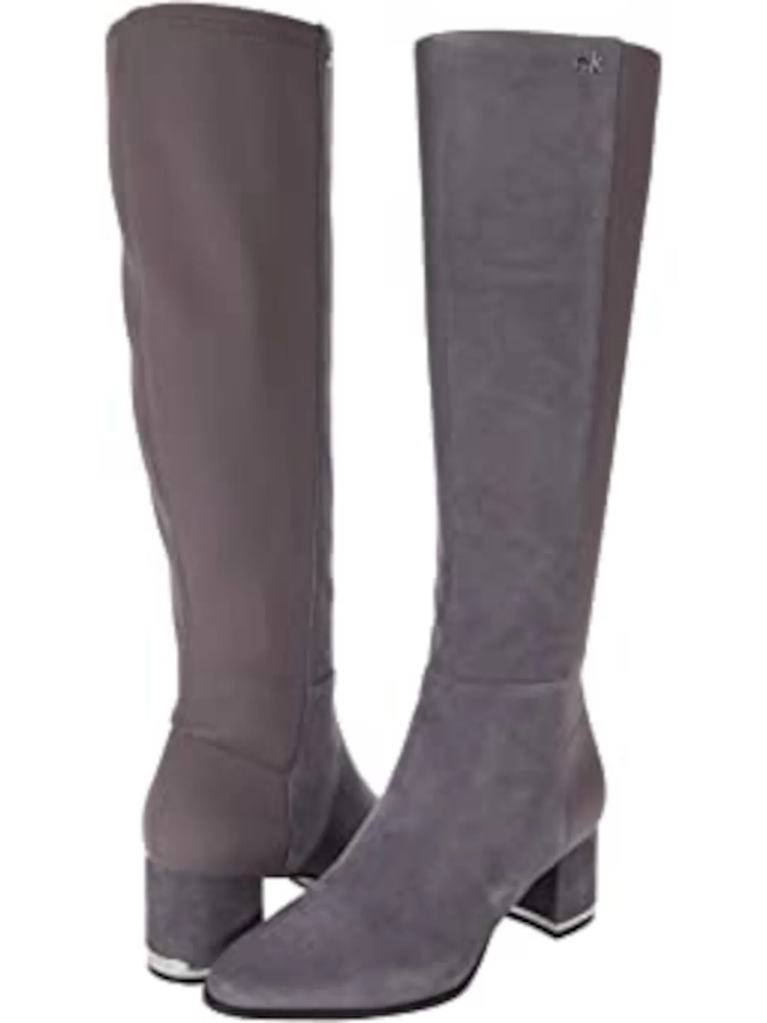 CALVIN KLEIN Womens Thunder Grey Gray Heel Plate Stretch Back Padded Logo Freeda Block Heel Zip-Up Leather Heeled Boots