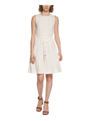 CALVIN KLEIN Womens White Textured Back Keyhole Drawstring Waist Sleeveless Round Neck Above The Knee Fit   Flare Dress