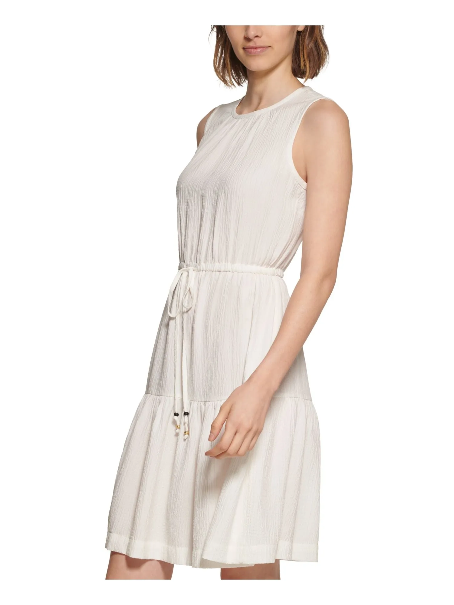 CALVIN KLEIN Womens White Textured Back Keyhole Drawstring Waist Sleeveless Round Neck Above The Knee Fit   Flare Dress