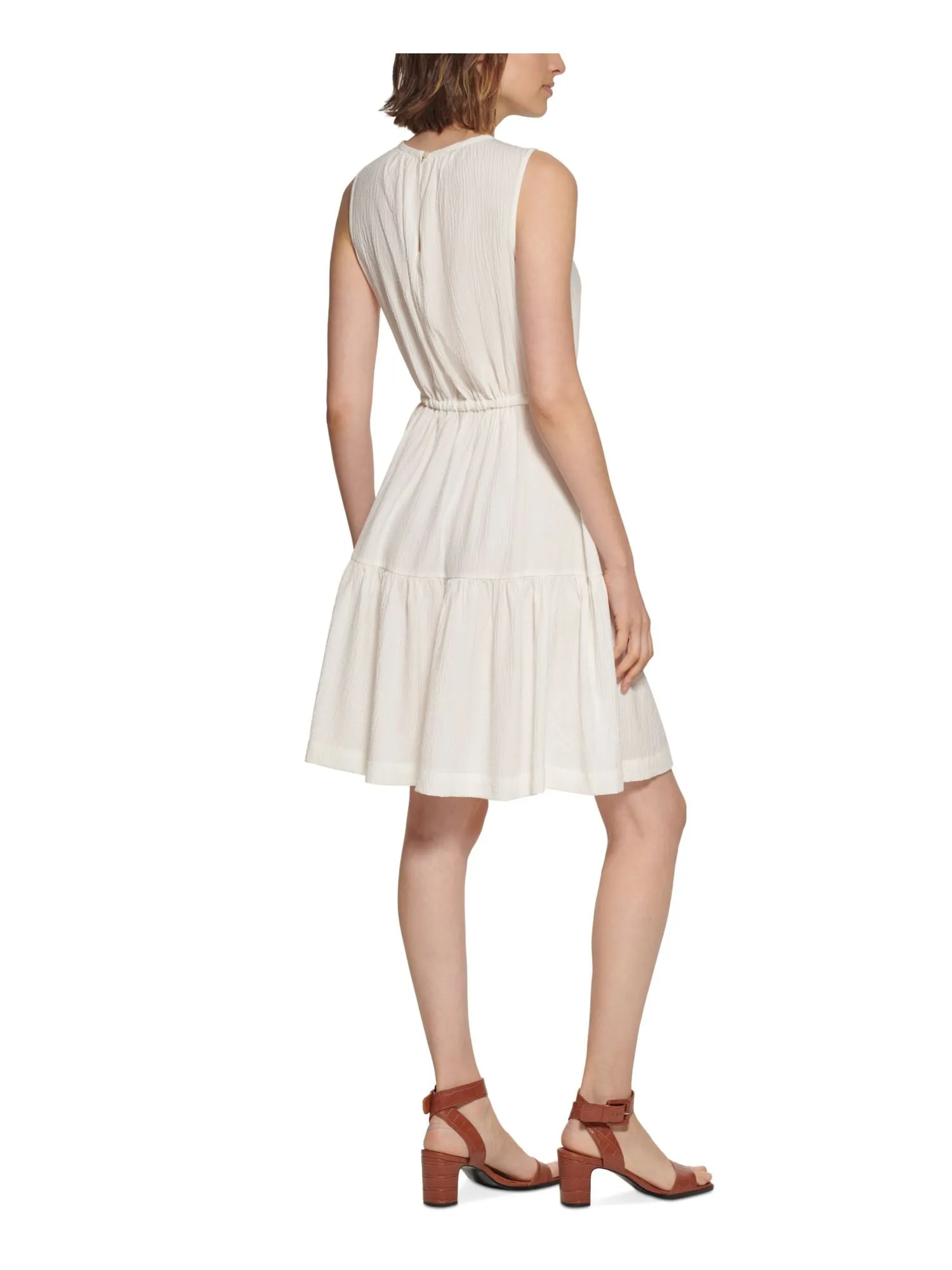 CALVIN KLEIN Womens White Textured Back Keyhole Drawstring Waist Sleeveless Round Neck Above The Knee Fit   Flare Dress