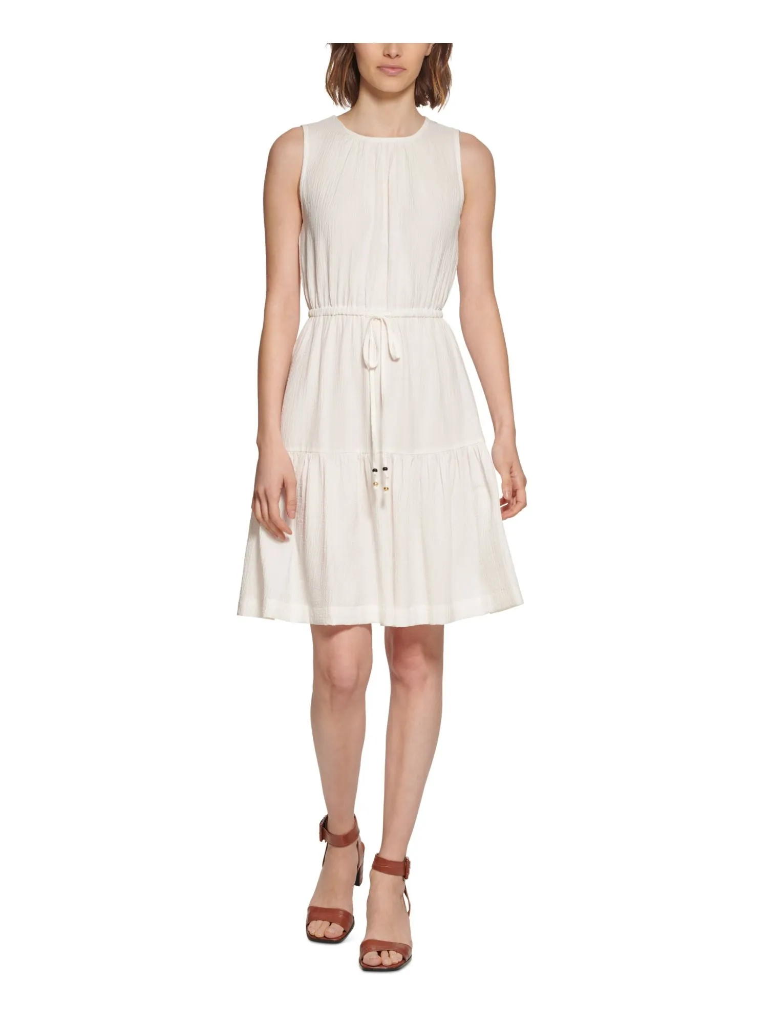 CALVIN KLEIN Womens White Textured Back Keyhole Drawstring Waist Sleeveless Round Neck Above The Knee Fit   Flare Dress
