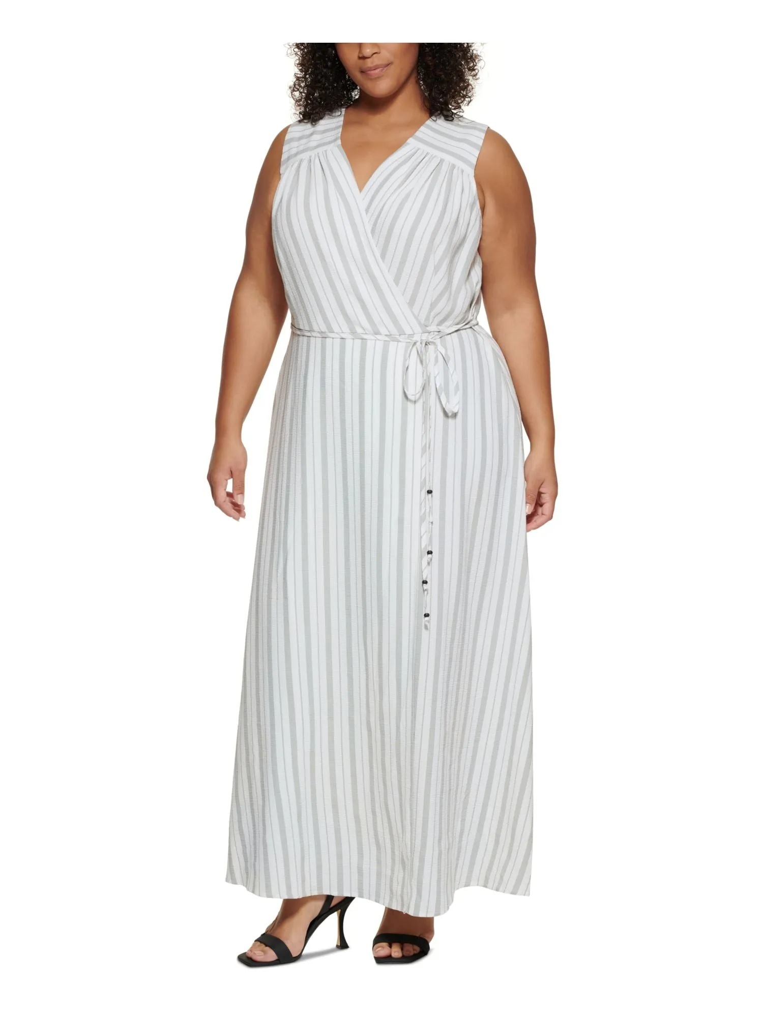CALVIN KLEIN Womens White Zippered Ruched Unlined Tie Belt Striped Sleeveless Surplice Neckline Maxi Faux Wrap Dress