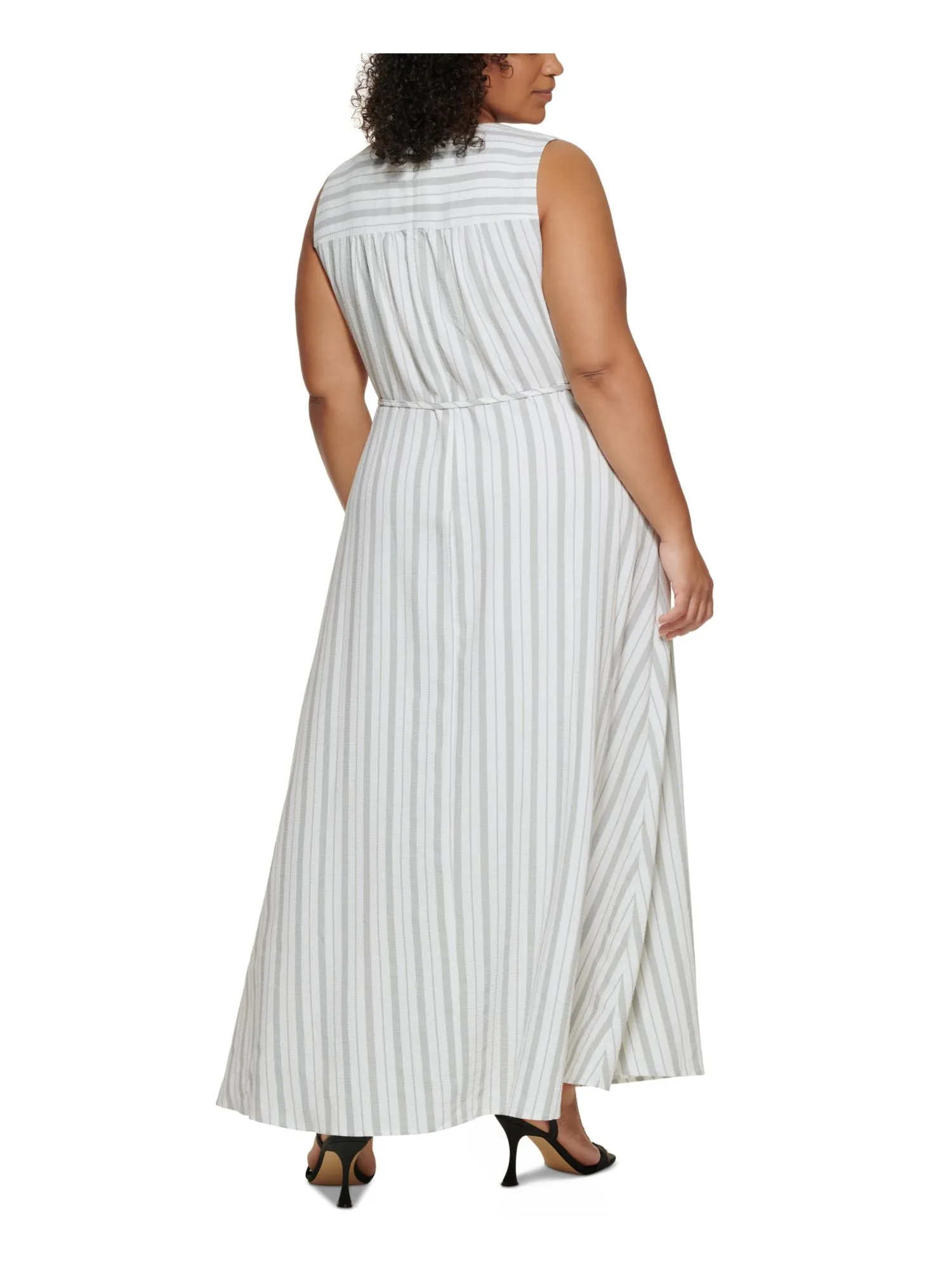 CALVIN KLEIN Womens White Zippered Ruched Unlined Tie Belt Striped Sleeveless Surplice Neckline Maxi Faux Wrap Dress