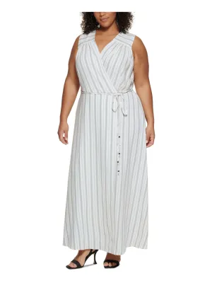 CALVIN KLEIN Womens White Zippered Ruched Unlined Tie Belt Striped Sleeveless Surplice Neckline Maxi Faux Wrap Dress