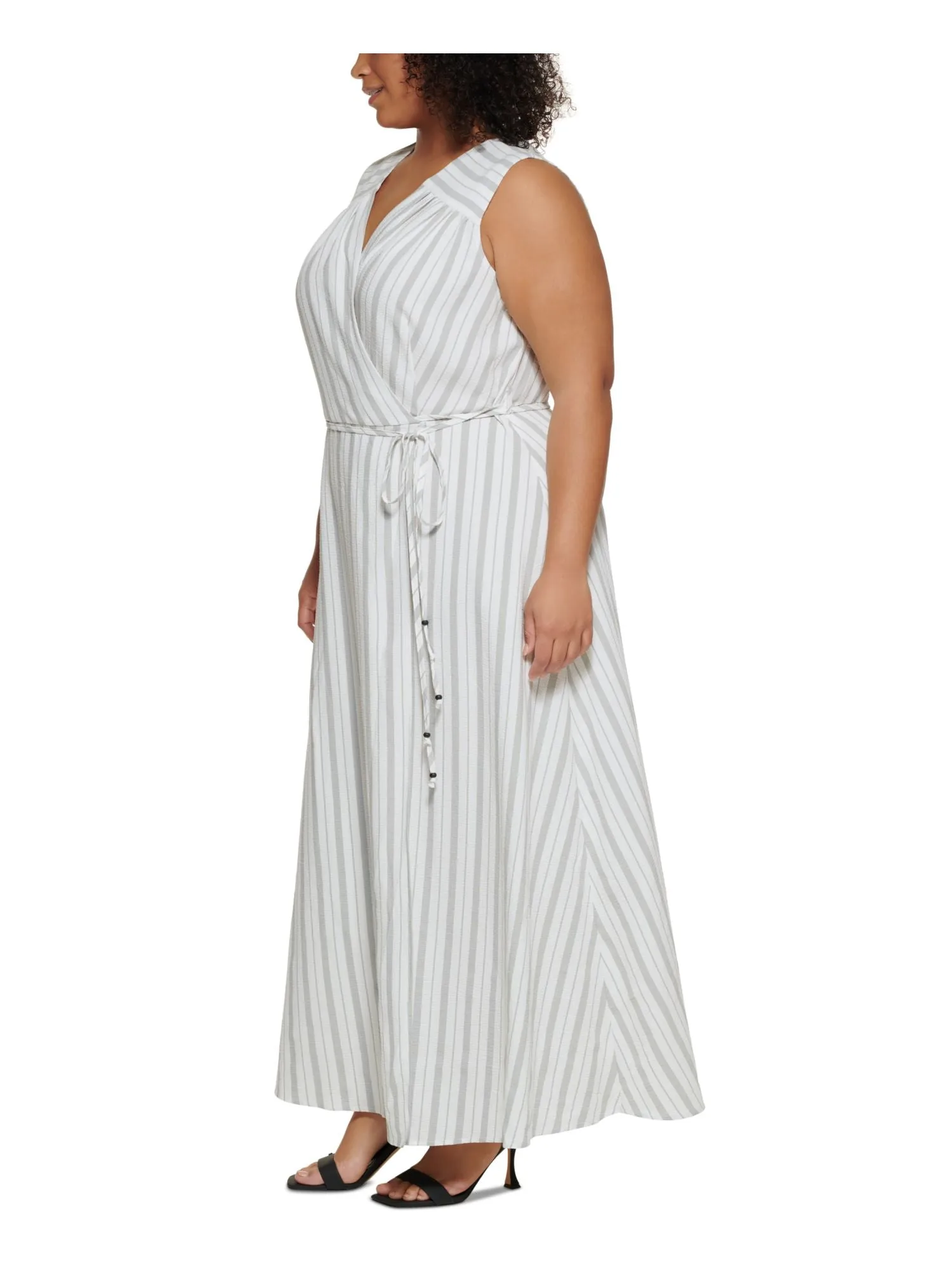 CALVIN KLEIN Womens White Zippered Ruched Unlined Tie Belt Striped Sleeveless Surplice Neckline Maxi Faux Wrap Dress