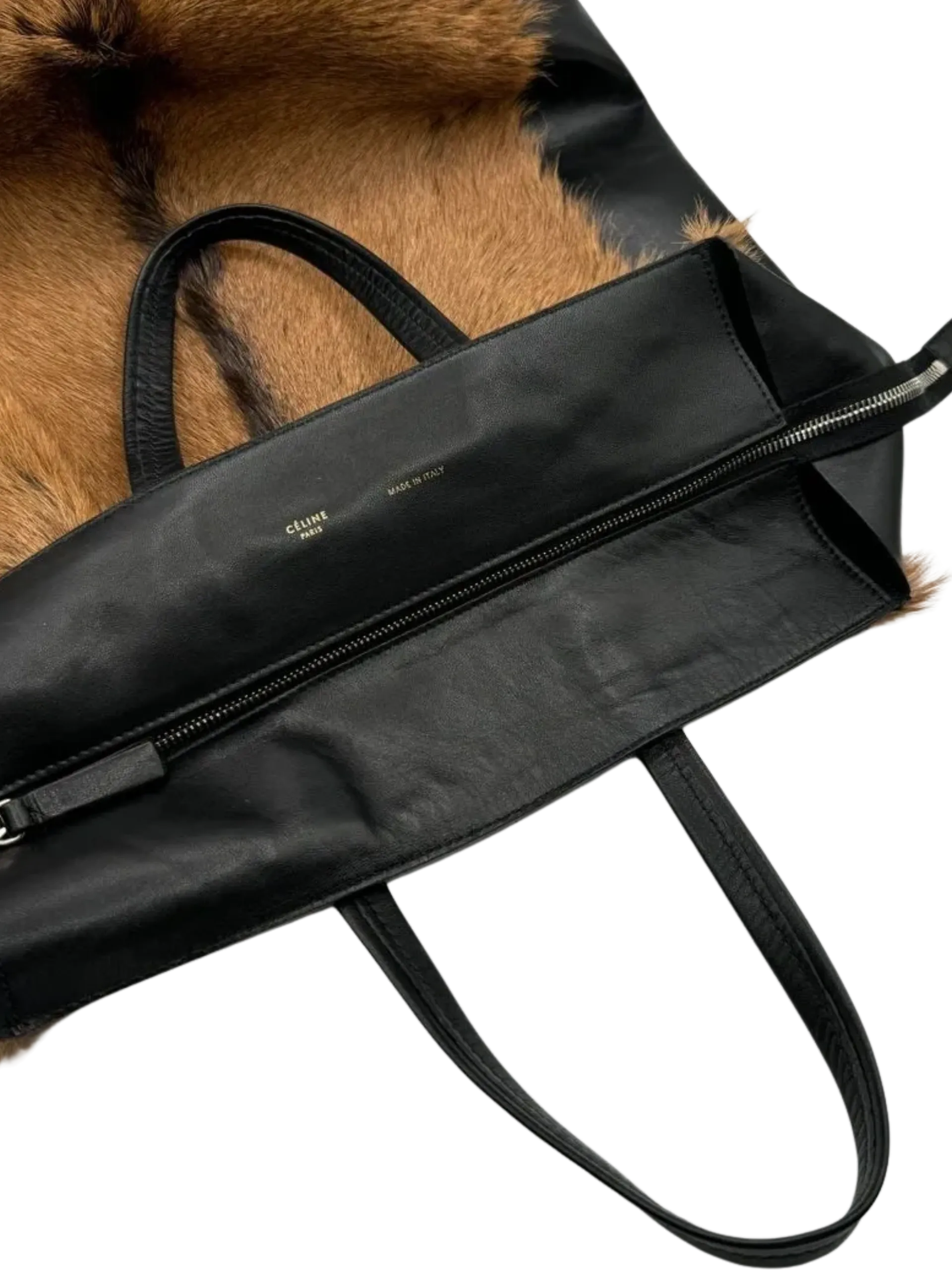 CELINE Vertical Cabas Black/Brown Fur & Leather Large Tote