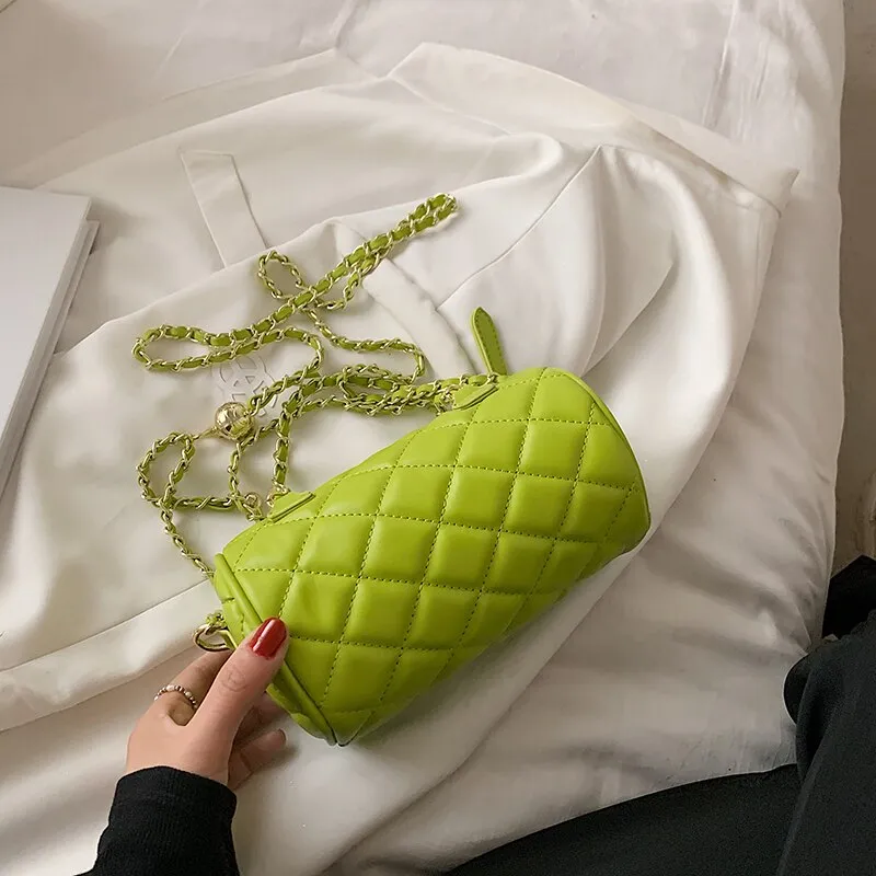 Christmas Gift Barrel Shape Lingge Mini Pu Leather Bucket Crossbody Bags For Women 2021 Summer Design Female Chain Green Shoulder Handbags