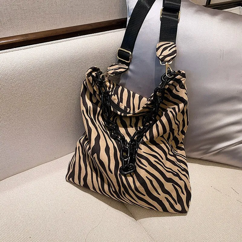 Christmas Gift Faux Suede Zebra Leopard Print New Large Capacity Women Handbag Ladies Shoulder Bag Female Acrylic Strap Zipper Crossbody Bag
