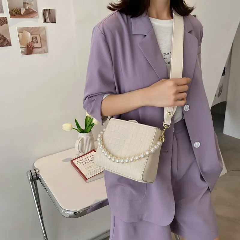 Christmas Gift Pearl Chain Shoulder Bags for Women Alligator Small Bucket Messenger Bag Ladies Simple White Handbags Pure Color Crossbody Bags