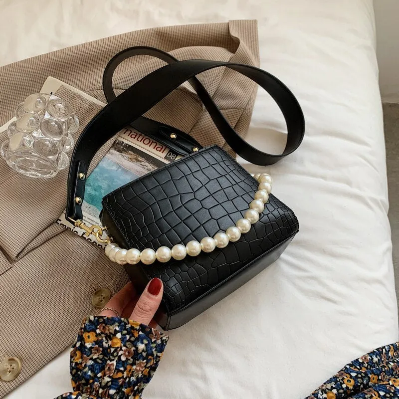 Christmas Gift Pearl Chain Shoulder Bags for Women Alligator Small Bucket Messenger Bag Ladies Simple White Handbags Pure Color Crossbody Bags