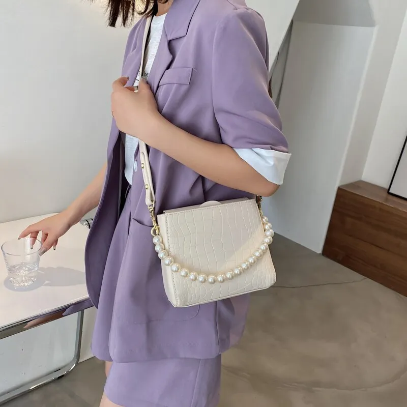 Christmas Gift Pearl Chain Shoulder Bags for Women Alligator Small Bucket Messenger Bag Ladies Simple White Handbags Pure Color Crossbody Bags