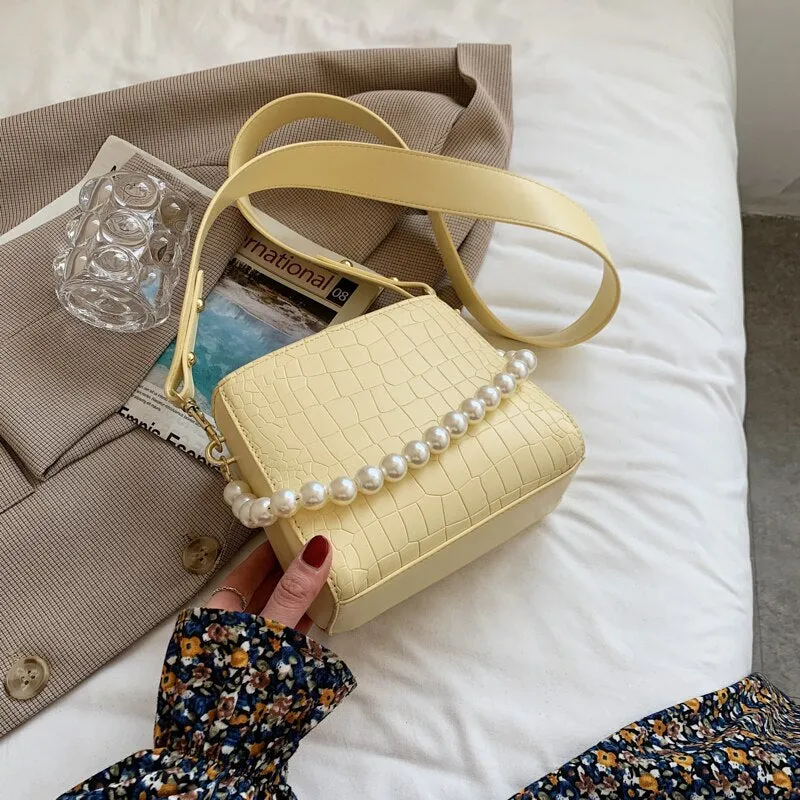 Christmas Gift Pearl Chain Shoulder Bags for Women Alligator Small Bucket Messenger Bag Ladies Simple White Handbags Pure Color Crossbody Bags
