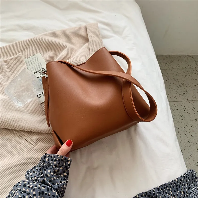 Christmas Gift PU Leather Bucket Shoulder Crossbody Bag For Women 2021 Branded Simple Trendy Luxury Solid Color Handbags Female Travel