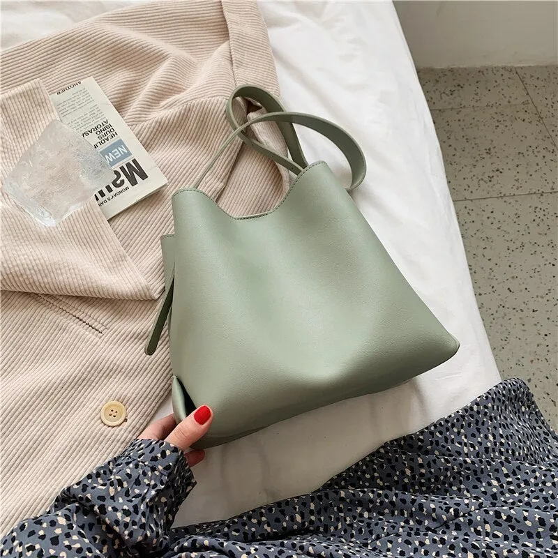 Christmas Gift PU Leather Bucket Shoulder Crossbody Bag For Women 2021 Branded Simple Trendy Luxury Solid Color Handbags Female Travel