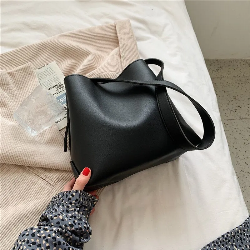 Christmas Gift PU Leather Bucket Shoulder Crossbody Bag For Women 2021 Branded Simple Trendy Luxury Solid Color Handbags Female Travel